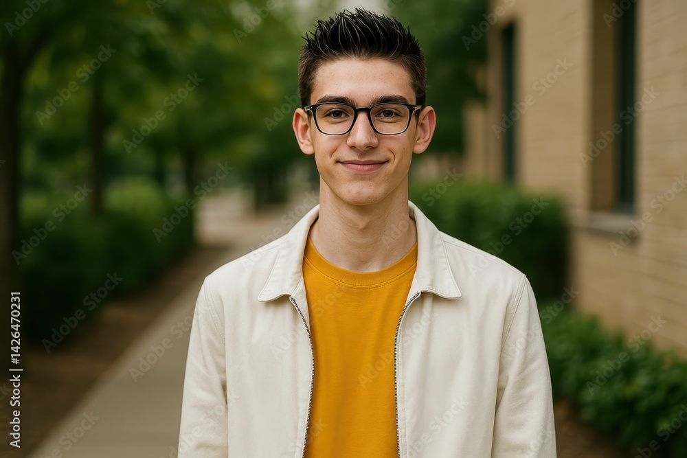 Fototapeta premium Young Smiling Person with Glasses in Casual Outfit Outdoors