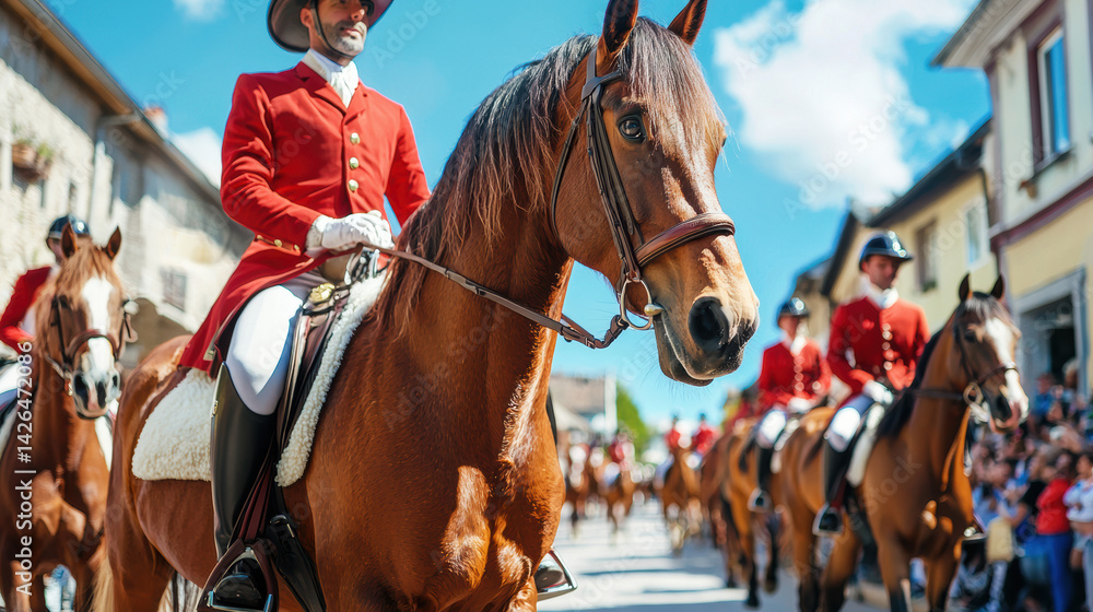 Obraz premium A procession of horses and riders wea red jackets moves down the street in a ceremonial tradition on a bright sunny day in a European town setting.