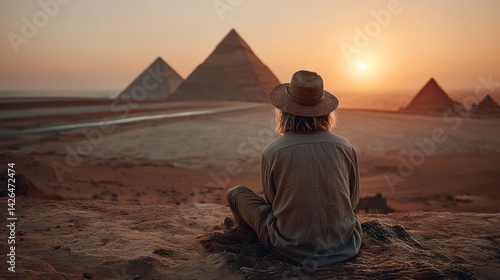 A contemplative figure gazes at the ancient pyramids at sunset.