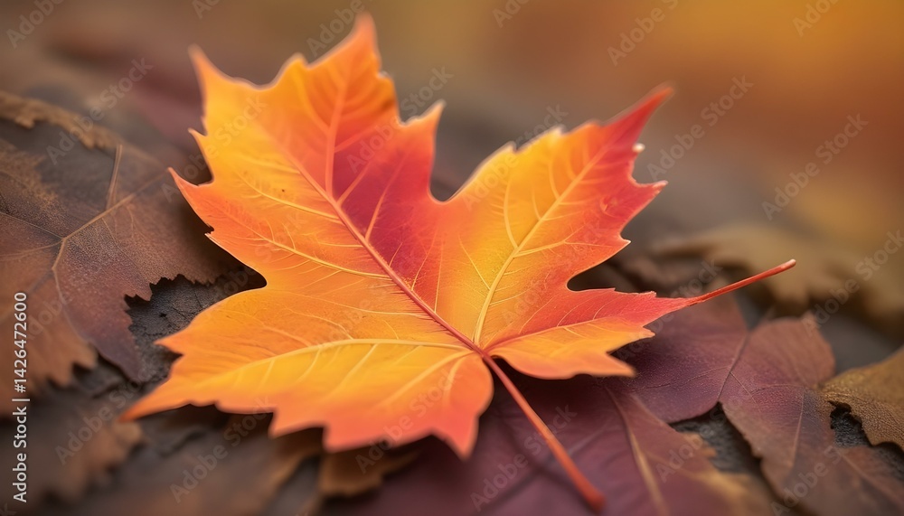 A vivid orange and red maple leaf rests among a bed of autumn-colored leaves, captured close up. A vivid orange and red maple leaf rests among a bed of autumn-colored leaves, captured close up.