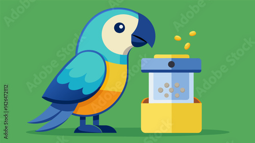 A curious parrot ing its head to the side as it watches a treat being dispensed from a voiceactivated dispenser.. Vector illustration