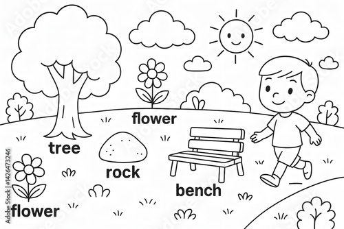 Children's Outdoor Coloring Page with Tree Flower Bench Rock Sun