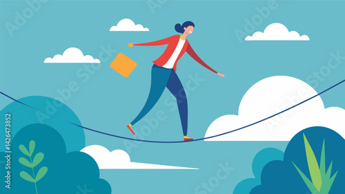A tightrope walker balancing between the demands of their career and the need for selfcare and rest.. Vector illustration