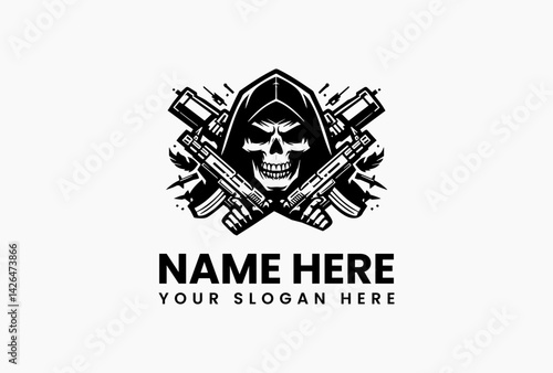 Hooded skull warrior with ornate tribal patterns, savage chieftain emblem for street gangs and combat sports