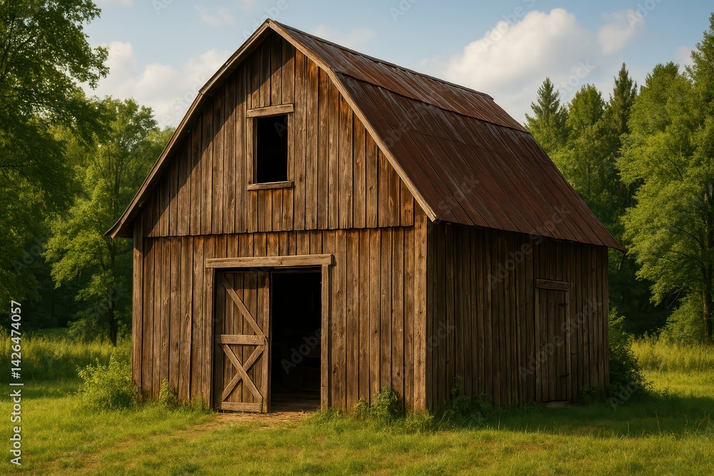 Rustic Wooden Barn Surrounded by Lush Greenery in Tranquil Landscape Rustic Wooden Barn Surrounded by Lush Greenery in Tranquil Landscape