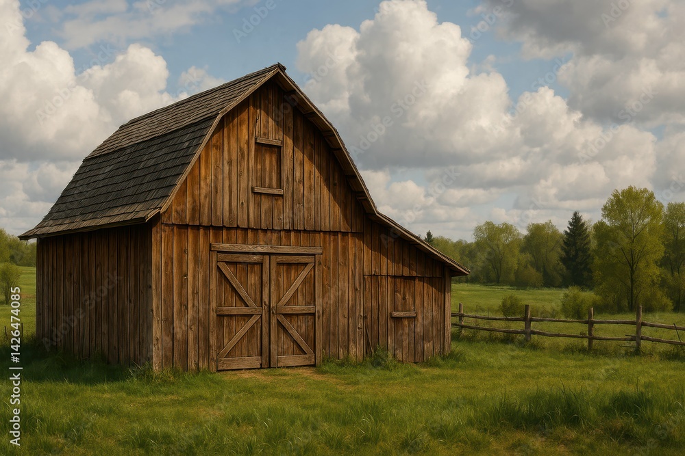 Rustic Wooden Barn Surrounded by Lush Green Fields and Clouds Rustic Wooden Barn Surrounded by Lush Green Fields and Clouds