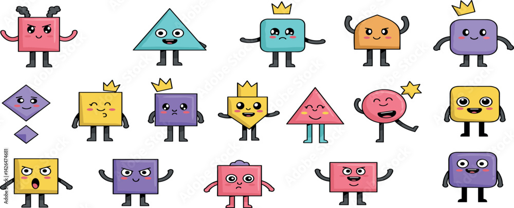Fototapeta premium Abstract characters. Cartoon kids shape with smile face. Geometric mascot figure with leg and hands. Fun graphic avatar for education, funny emoji objects.