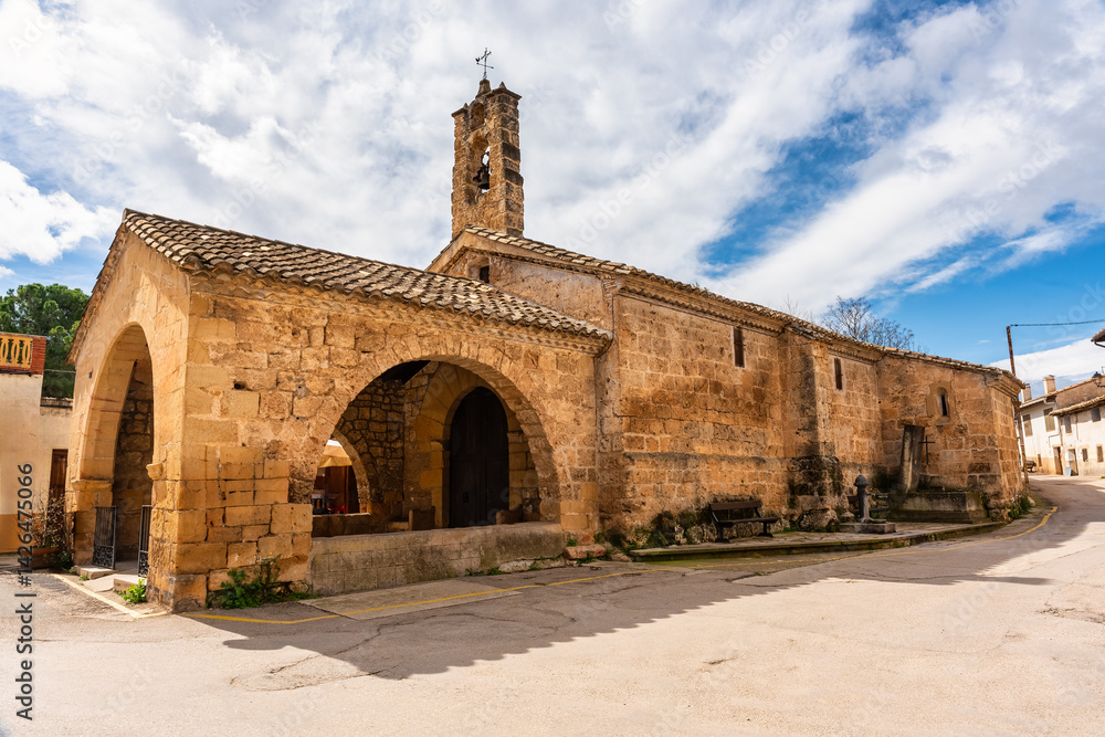 Old stone church with bell tower in the beautiful town of Beceite, Teruel,