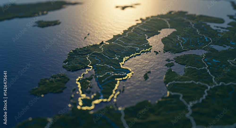 Naklejka premium Map of Scandinavia Illuminated and Topographic