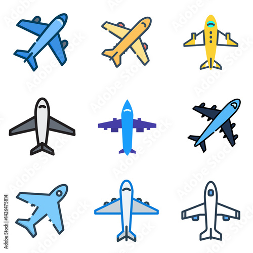 A set of cartoon airplanes in various colors and styles