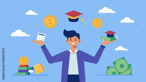 A visual representation of a person juggling a stack of money labeled student loans along with other personal financial responsibilities throughout. Vector illustration