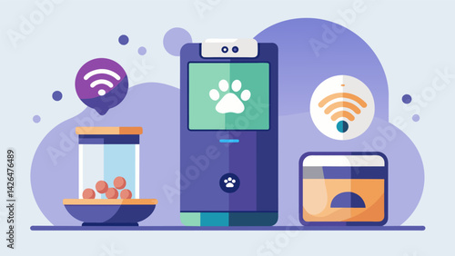 A dispenser with remote access through a smartphone app making it possible for owners to treat their pets from anywhere in the world.. Vector illustration