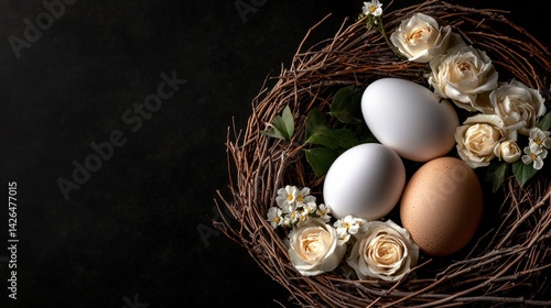 A nest of eggs and flowers on a black background