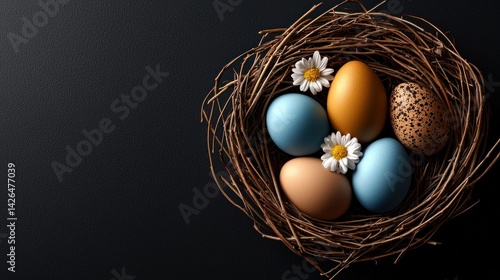 A nest of eggs with a few flowers in it
