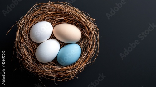A nest of eggs with one blue and three white eggs