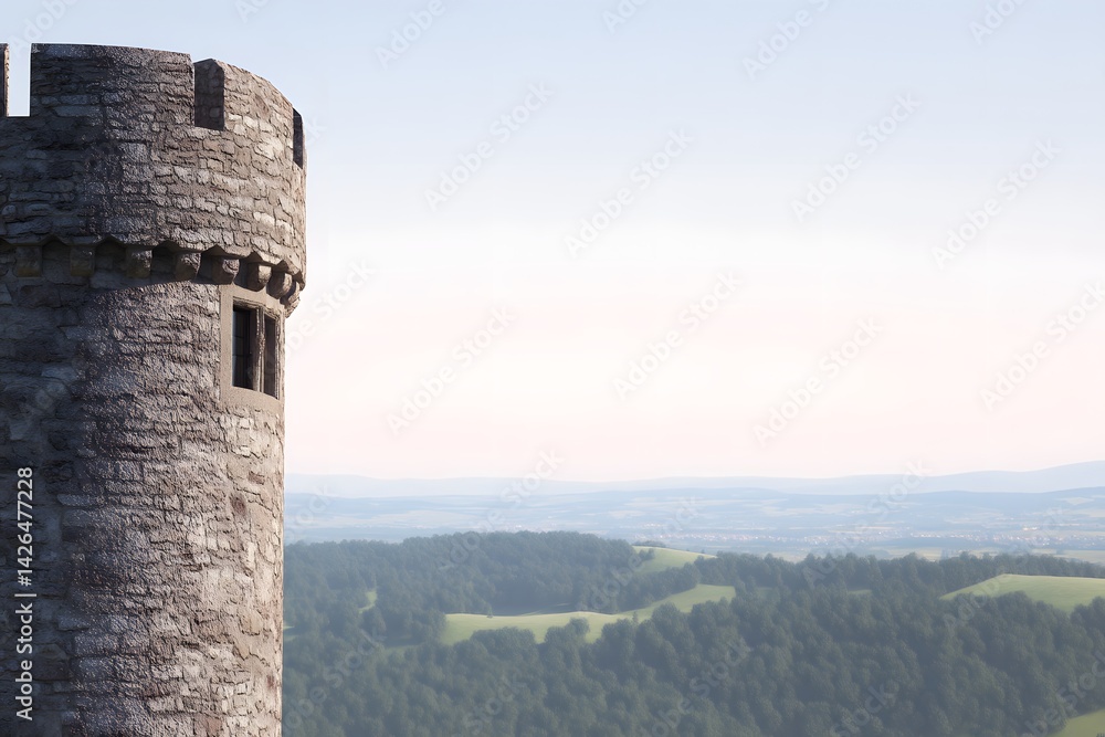 Castle Tower Overlooking a Tranquil Landscape at Dawn Castle Tower Overlooking a Tranquil Landscape at Dawn
