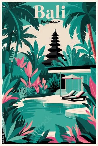 Bali, Indonesia travel destination poster in retro style. Colorful vector art illustration