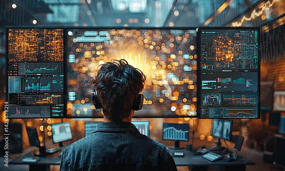 Technician observing multiple data displays. Technician observing multiple data displays.