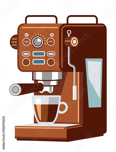 Retro brown coffee maker with a glass cup on top of it. The coffee maker has a timer and a knob for adjusting the temperature. vector illustration isolated