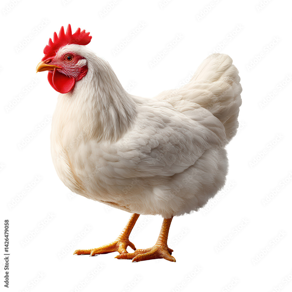 Fototapeta premium white chicken stands proudly, showcasing its vibrant red comb and wattles. Its feathers are fluffy and well groomed, reflecting healthy appearance. This bird symbolizes farm life and natural