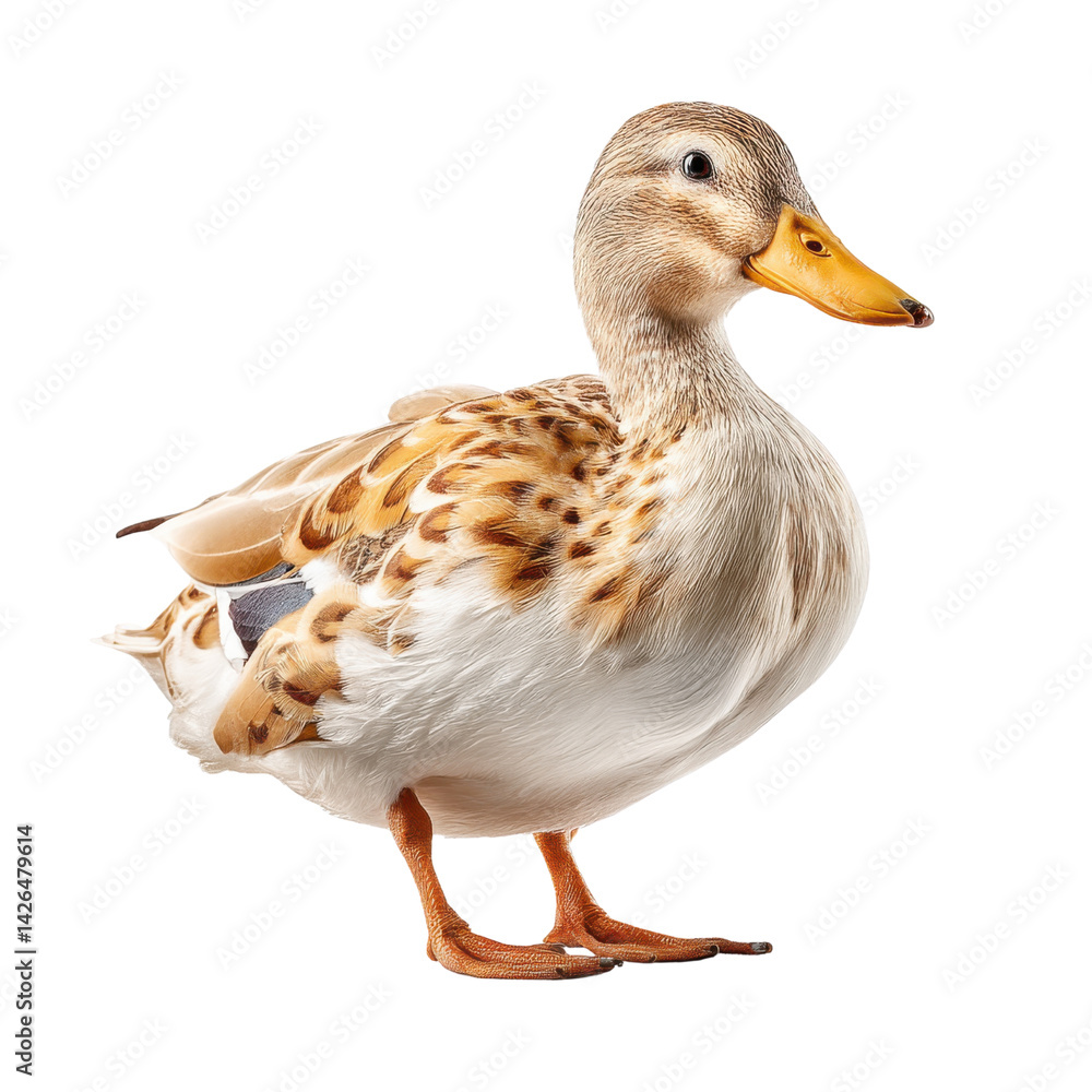 Obraz premium beautiful duck with speckled brown and white plumage stands gracefully. Its vibrant orange beak and webbed feet add to its charm, showcasing elegance of this waterfowl