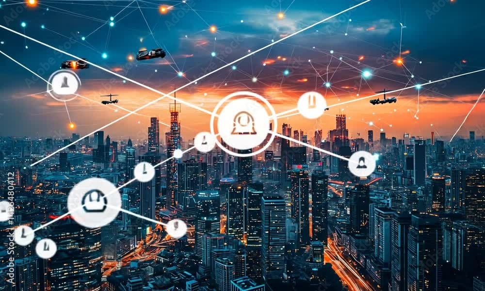 Futuristic cityscape with drones and interconnected networks. Futuristic cityscape with drones and interconnected networks.