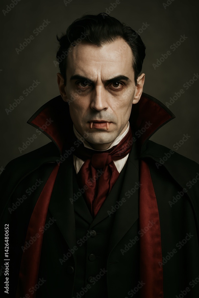 Dramatic Portrait of a Vampire in Classic Costume with Red Accent Dramatic Portrait of a Vampire in Classic Costume with Red Accent