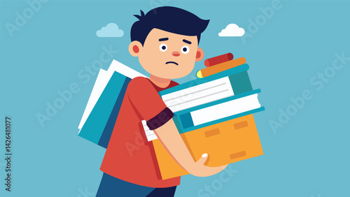 A frustrated student struggling to carry a tower of textbooks and a large binder of tuition receipts.. Vector illustration