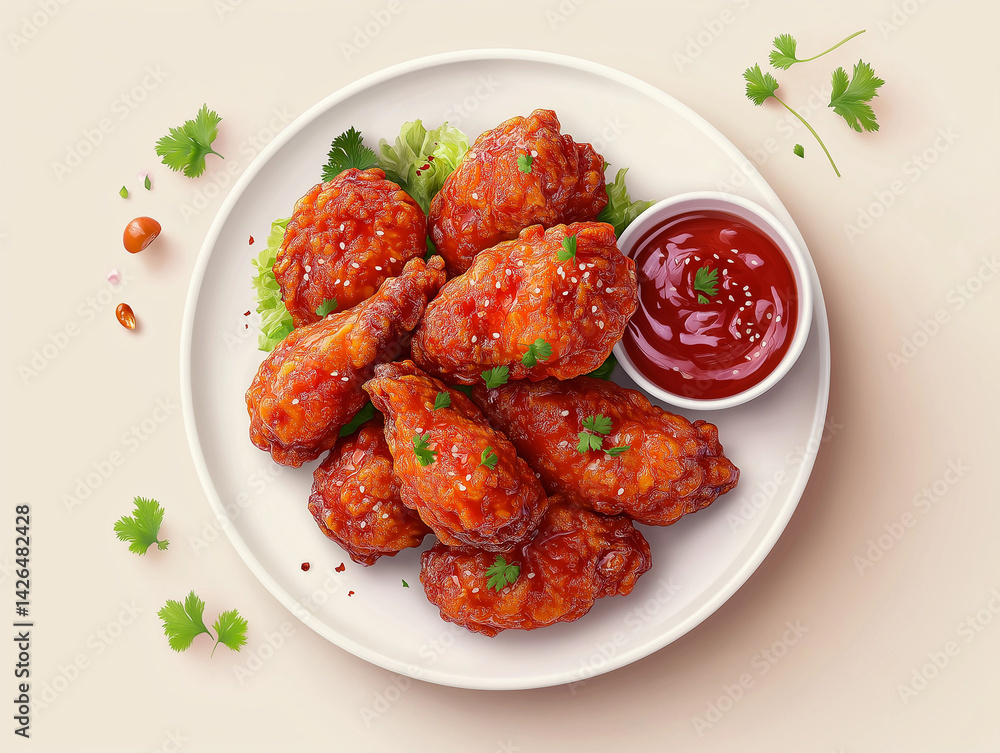 a realistic image top view of korean fried chicken
a realistic image top view of korean fried chicken