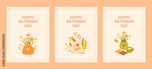 Delicate Mother's Day cards with floral arrangements in warm pastel colors. Three separate designs with the inscription 