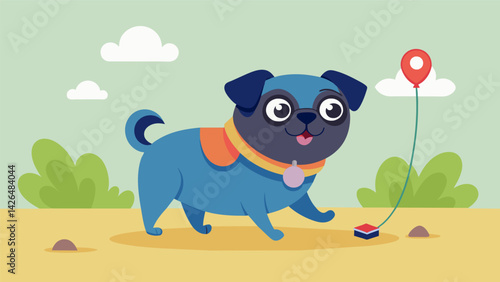 A comedic pug roams happily around a dog park its small body adorned with a tiny GPS pet tracker clipped onto its harness.. Vector illustration