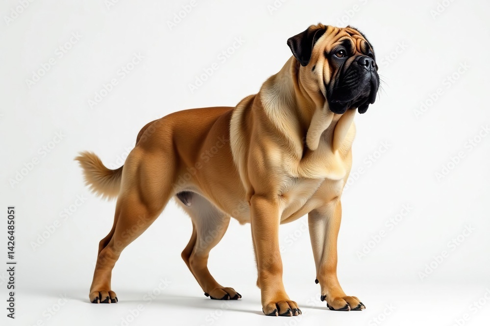 Majestic mastiff, powerful stance, white background, pet, studio Majestic mastiff, powerful stance, white background, pet, studio