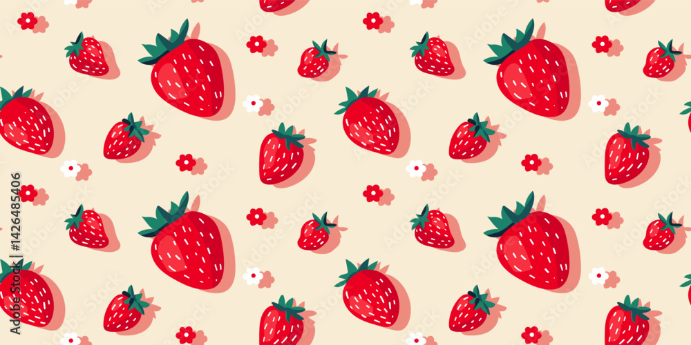 Strawberry background, seamless pattern, red berries with green leaves, Summer drinks, sweets and desserts with strawberry flavor. 