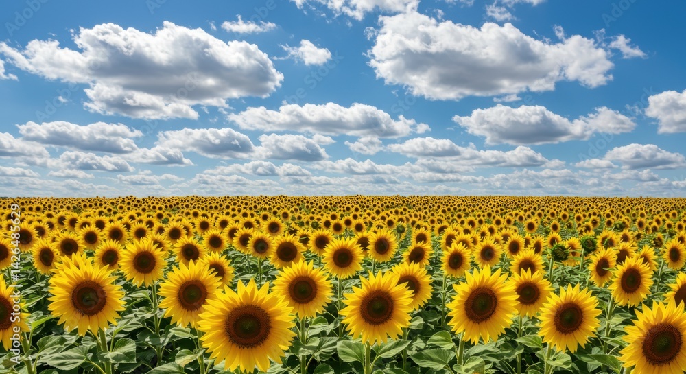 Fototapeta premium Sunflower field landscape with blue sky and white clouds background