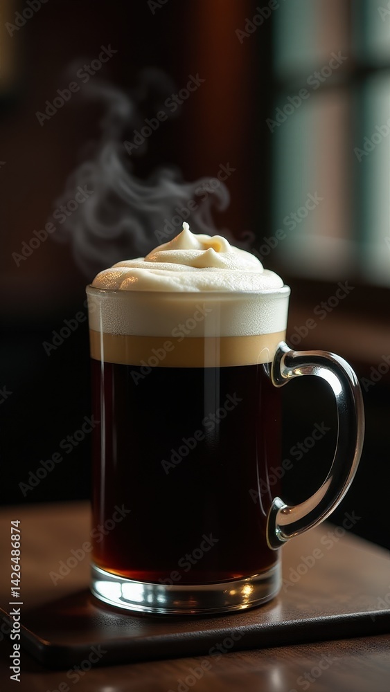 Hot drink with whipped cream and sprinkle in a glass mug. Steaming beverage on wooden bar counter with warm bokeh lights, perfect for cafes. Hot drink with whipped cream and sprinkle in a glass mug. Steaming beverage on wooden bar counter with warm bokeh lights, perfect for cafes.