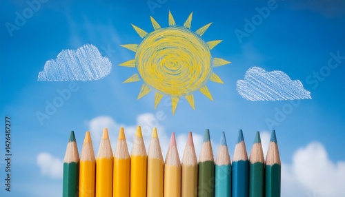 Illustration of the sun drawn with pencil and crayons