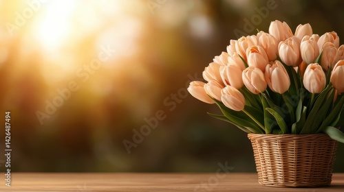 A basket of flowers sits on a wooden table
