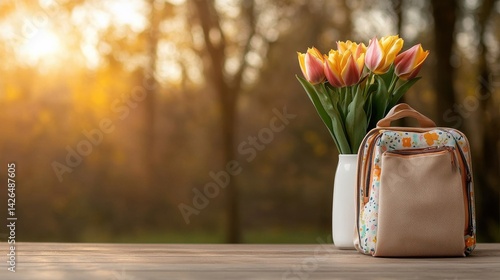 A white backpack sits on a wooden table next to a vase of flowers