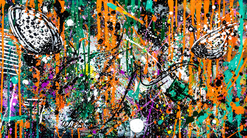 explosion of colors in shades of orange, green, and purple, with random brushstrokes and paint splatters creating a lively scene 