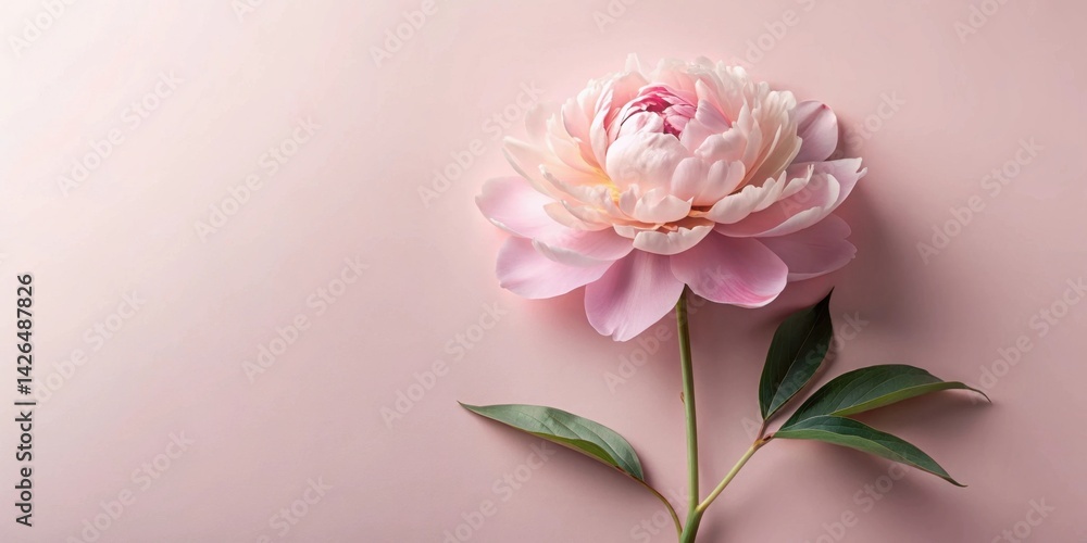 A single pale pink peony blossom with vibrant green leaves displayed on a soft pink background. A single pale pink peony blossom with vibrant green leaves displayed on a soft pink background.