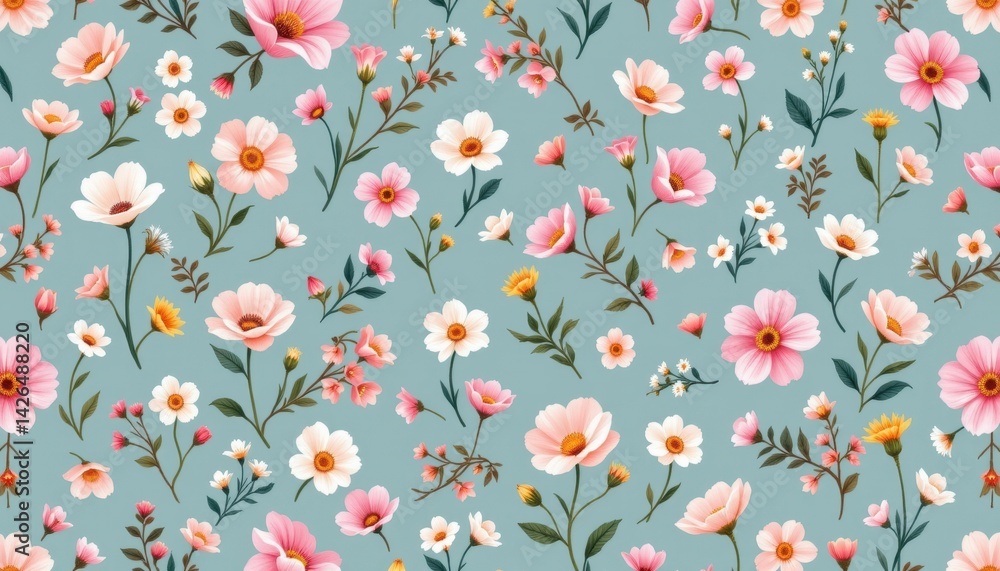 A beautiful seamless pattern featuring delicate wildflowers in pastel colors, perfect for creating a feminine and romantic vibe on fabric or any floral themed project. A beautiful seamless pattern featuring delicate wildflowers in pastel colors, perfect for creating a feminine and romantic vibe on fabric or any floral themed project.