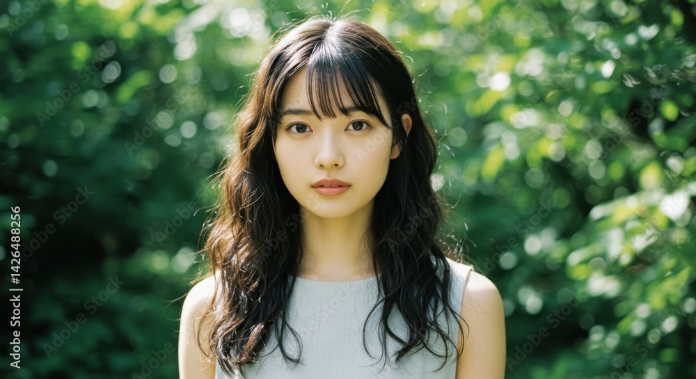 Naklejka premium Portrait of a young Asian woman with wavy hair and bangs in a leafy outdoor setting