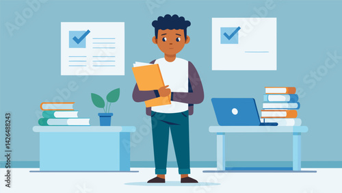A determined student stands at the front of the line at the financial aid office clutching a stack of papers and ready to take on the complicated. Vector illustration