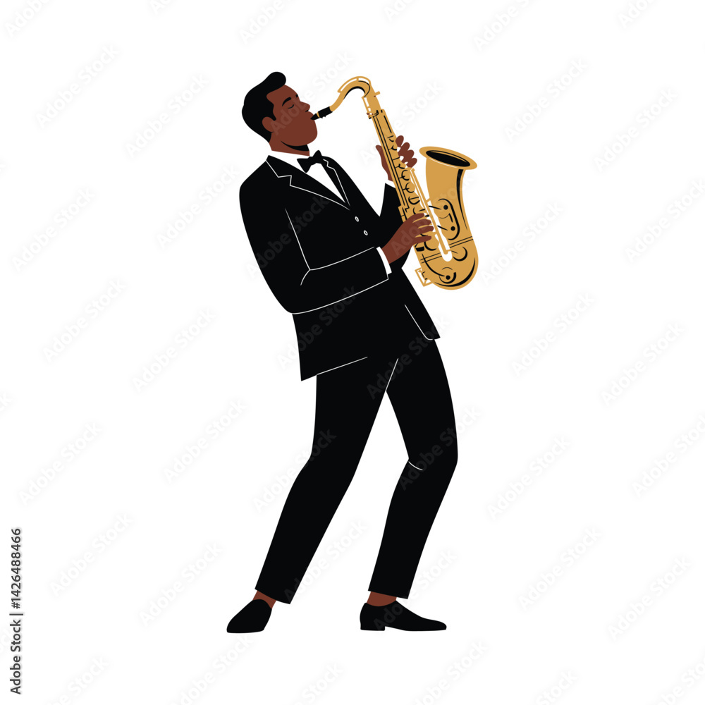 Naklejka premium Young musician playing a golden saxophone in a jazz performance