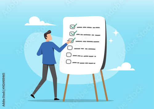 A male character in business casual attire standing beside a large task checklist on an easel