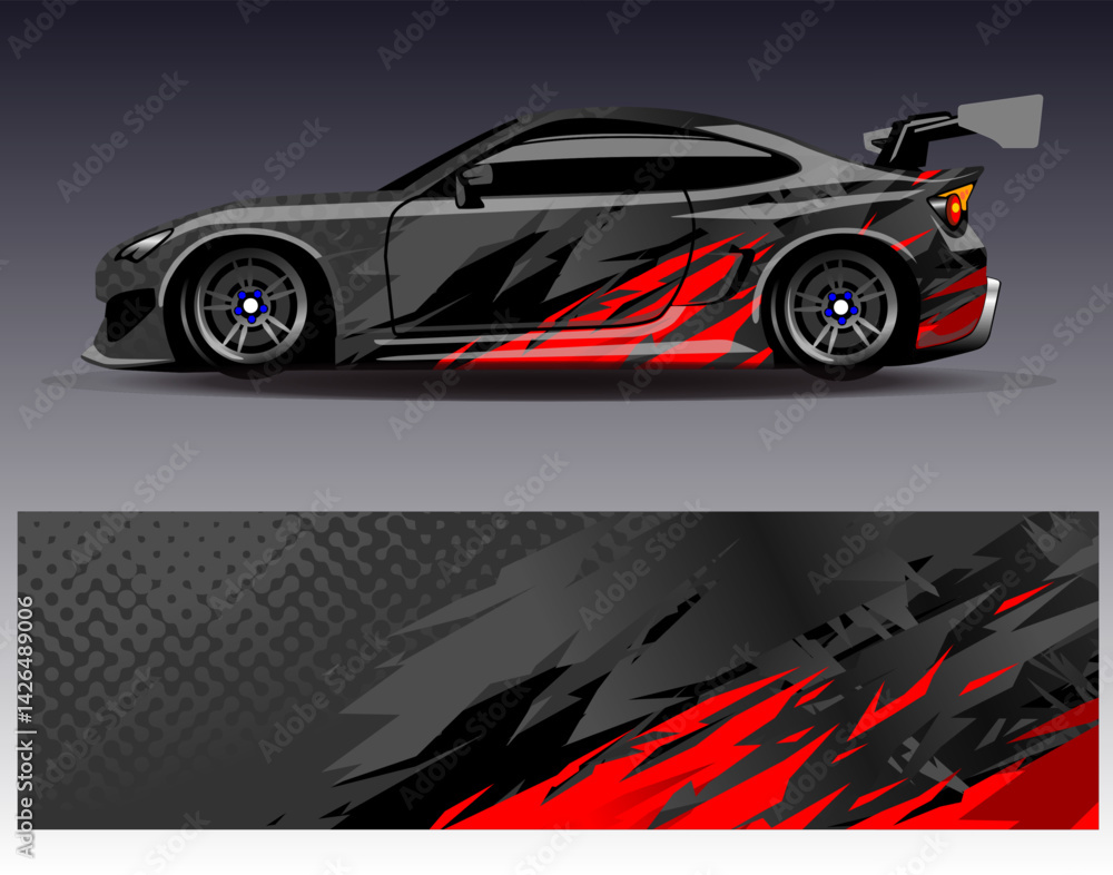 Naklejka premium Car wrap design vector. Graphic abstract stripe racing background designs for vehicle, rally, race, adventure and car racing livery