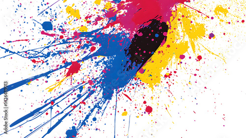 of vibrant red, yellow, and blue paint splattered across a textured white canvas, creating a dynamic and chaotic feel 