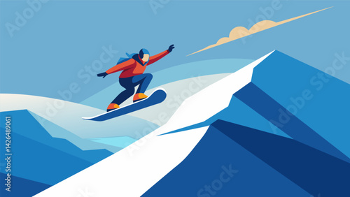 A snowboarder soaring high above the halfpipe their shadow stretching out on the pristine snow below.. Vector illustration