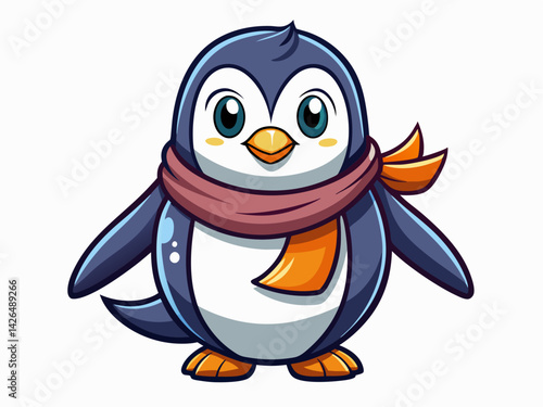 A high-quality vector illustration of a cute cartoon penguin with a scarf and tiny flippers, isolated on a white background