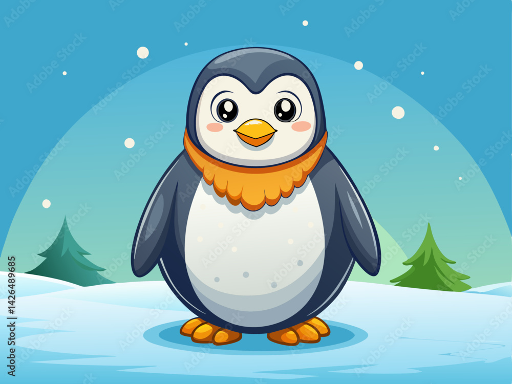 Obraz premium A cozy vector of a chubby cartoon penguin standing in snow, on a solid light blue background
